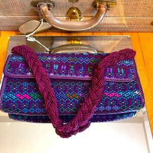 Vintage purple tapestry woven evening bag purse with beaded Strap.